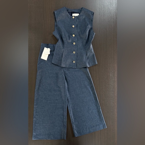 Tailored Sleeveless Button-Front Denim Vest & Wide-Leg Pants Set - Denim - Picture 3 of 15